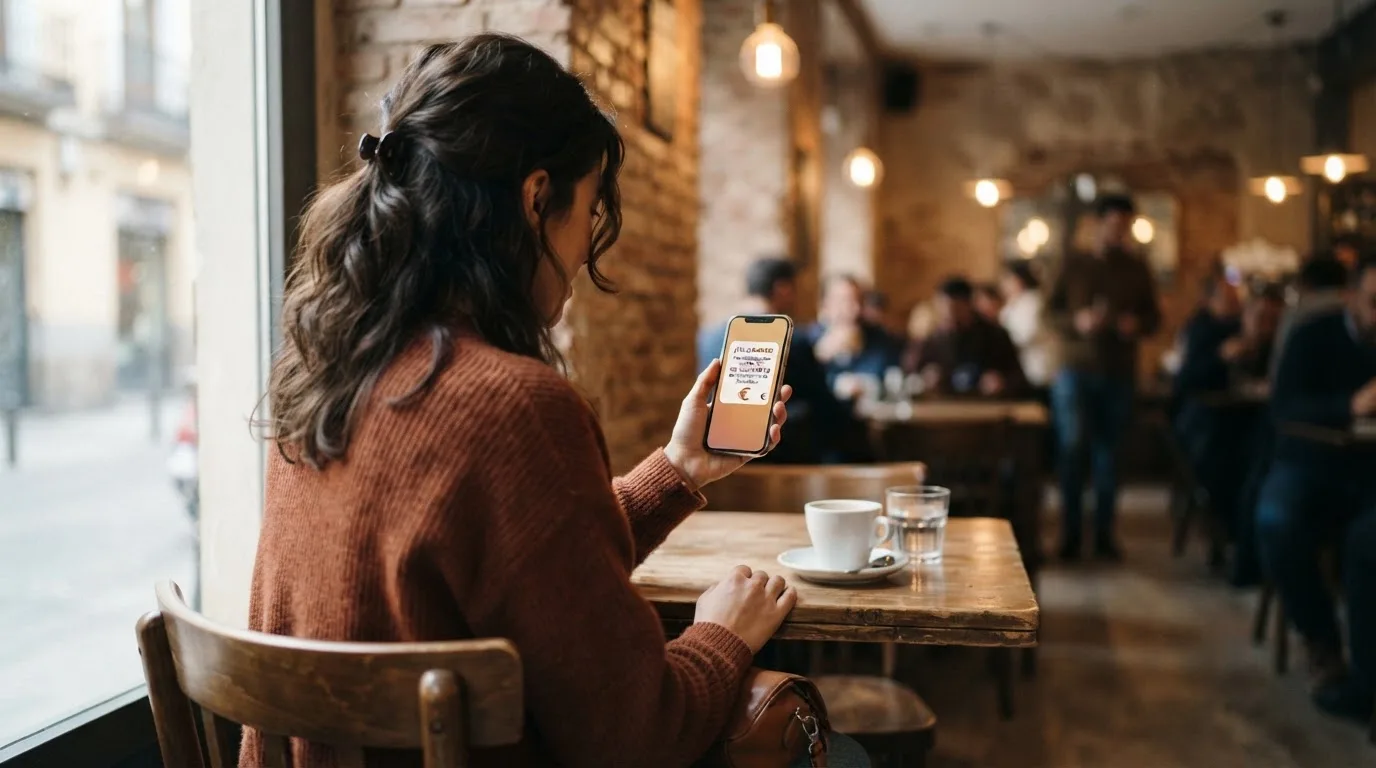 Fotografía de una persona sonriente mirando una notificación en el móvil mientras está sentada en una cafetería.