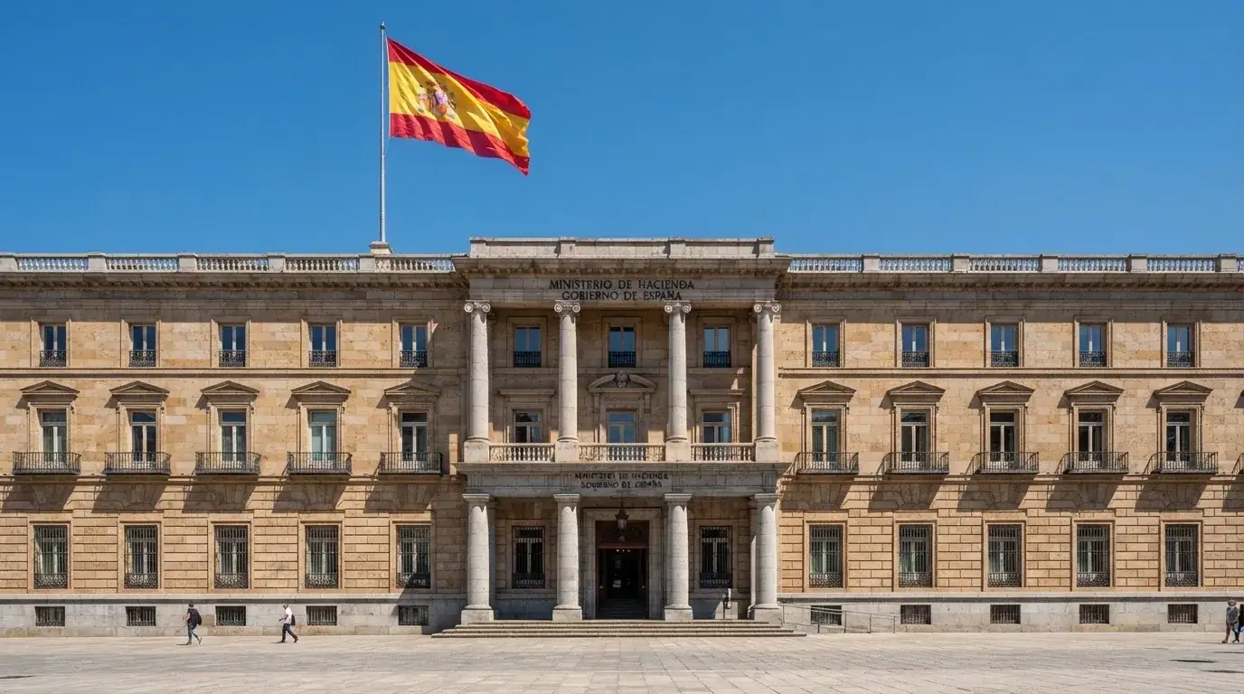 Fotografía de un edificio institucional con bandera española ondeando bajo un cielo despejado.