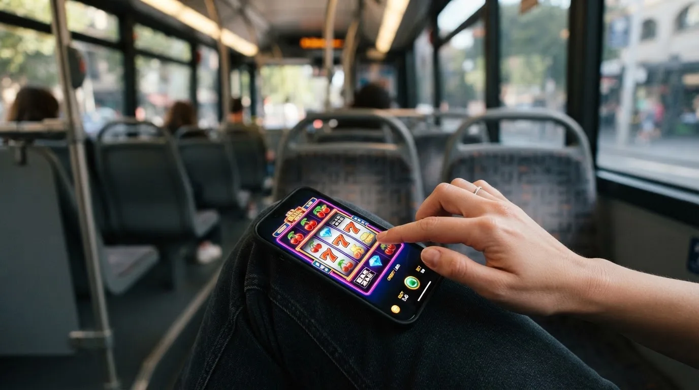 Fotografía de una mano tocando la pantalla de un smartphone mientras viaja en autobús por la ciudad.